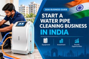 Indian technician using a professional water pipe cleaning machine
